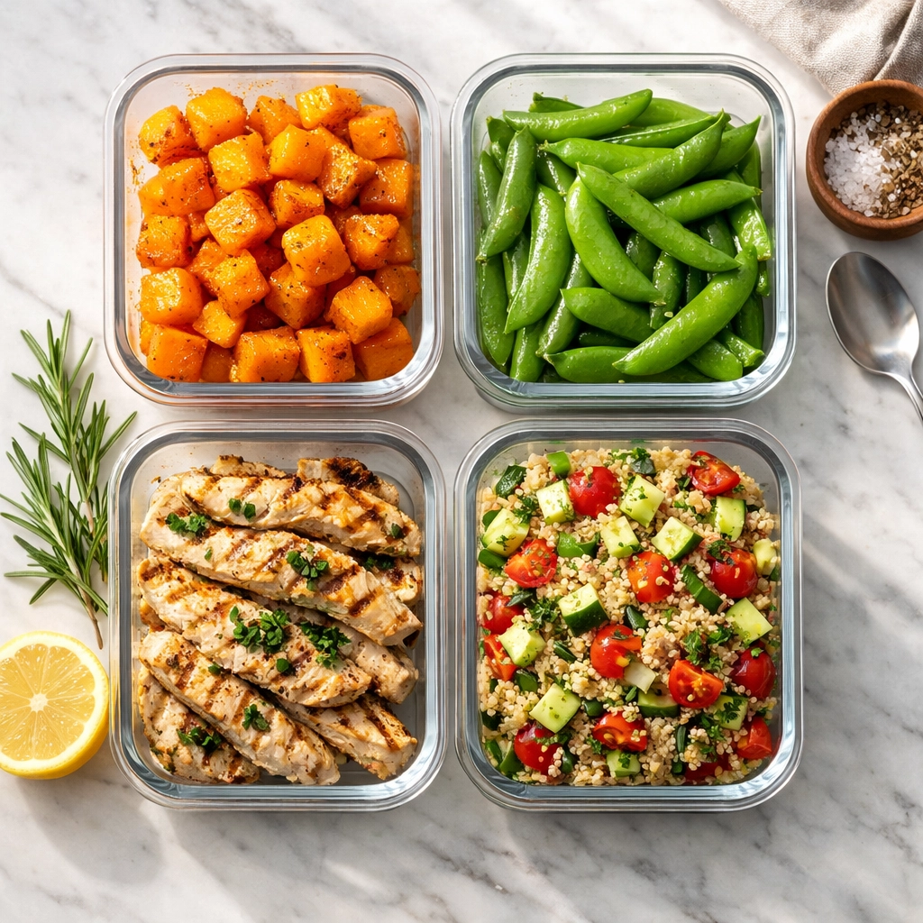 Healthy gluten-free meal prep with chicken and veggies in glass containers for autoimmune diet planning.