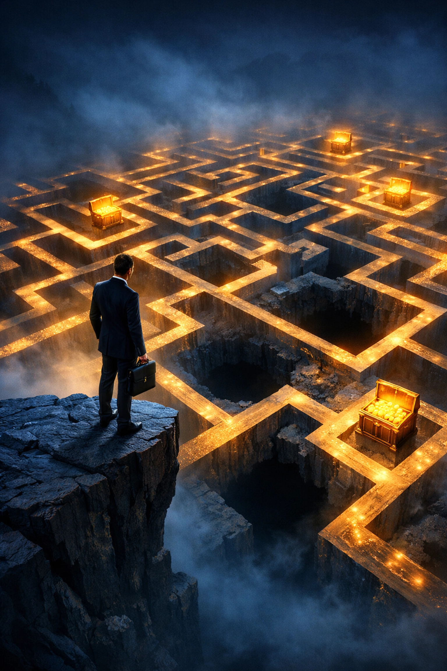 Investor evaluating risk pathways in alternative investments decision-making