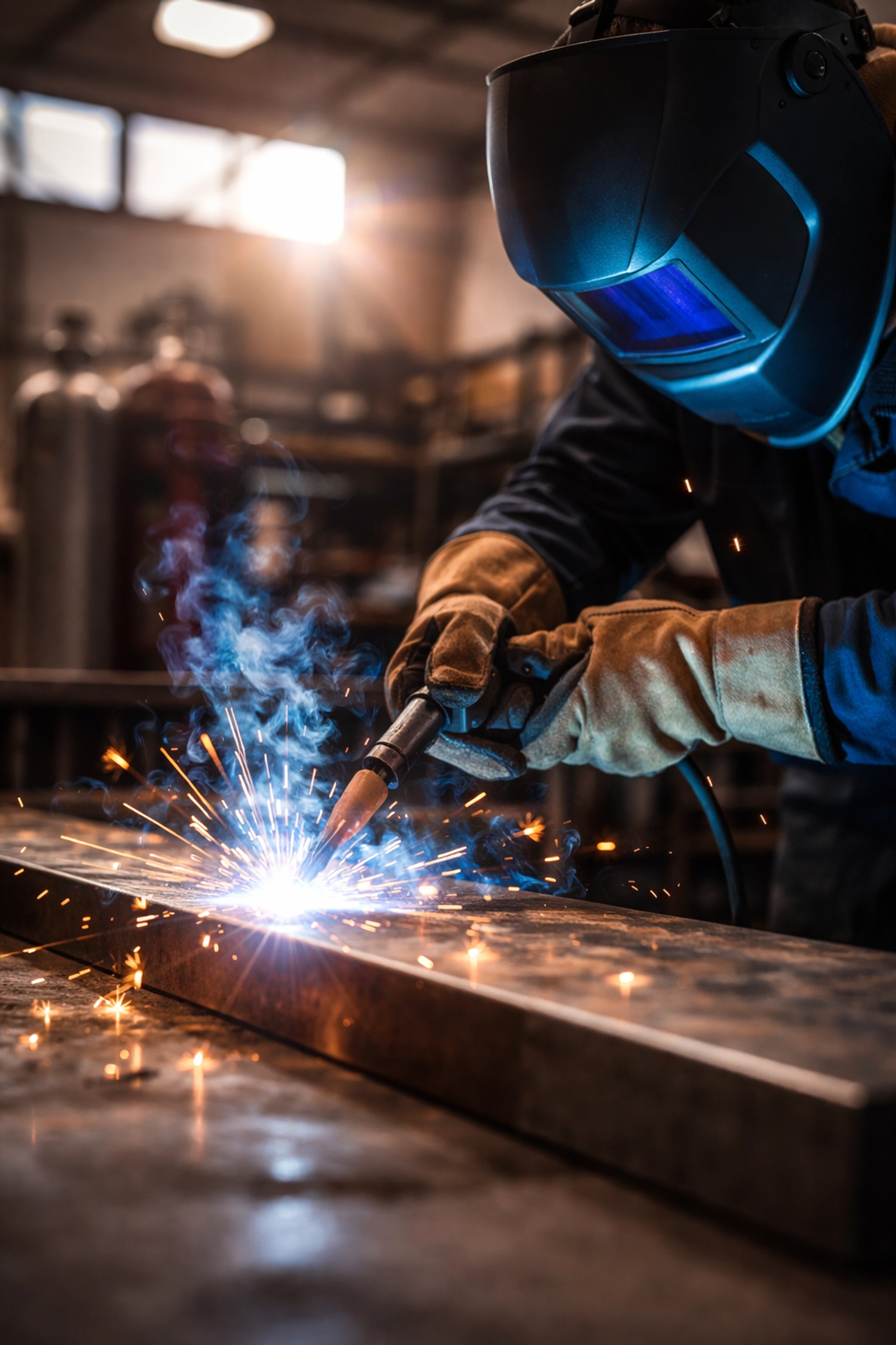 MIG welder using a shielding gas bottle in a workshop, illustrating key factors in MIG gas bottle selection.