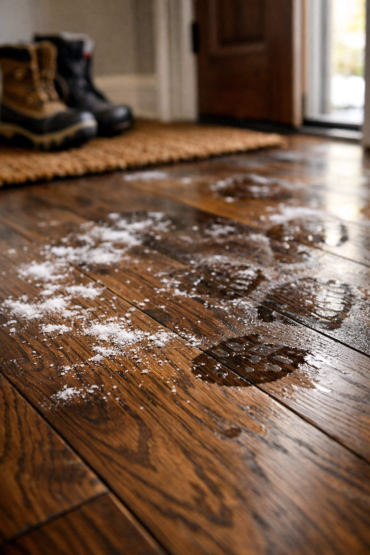 Hardwood floor showing winter salt damage near Chicago home entrance