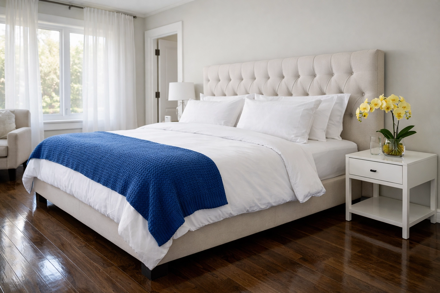 Meticulously cleaned Medfield master bedroom featuring spotless hardwood floors and white linens.