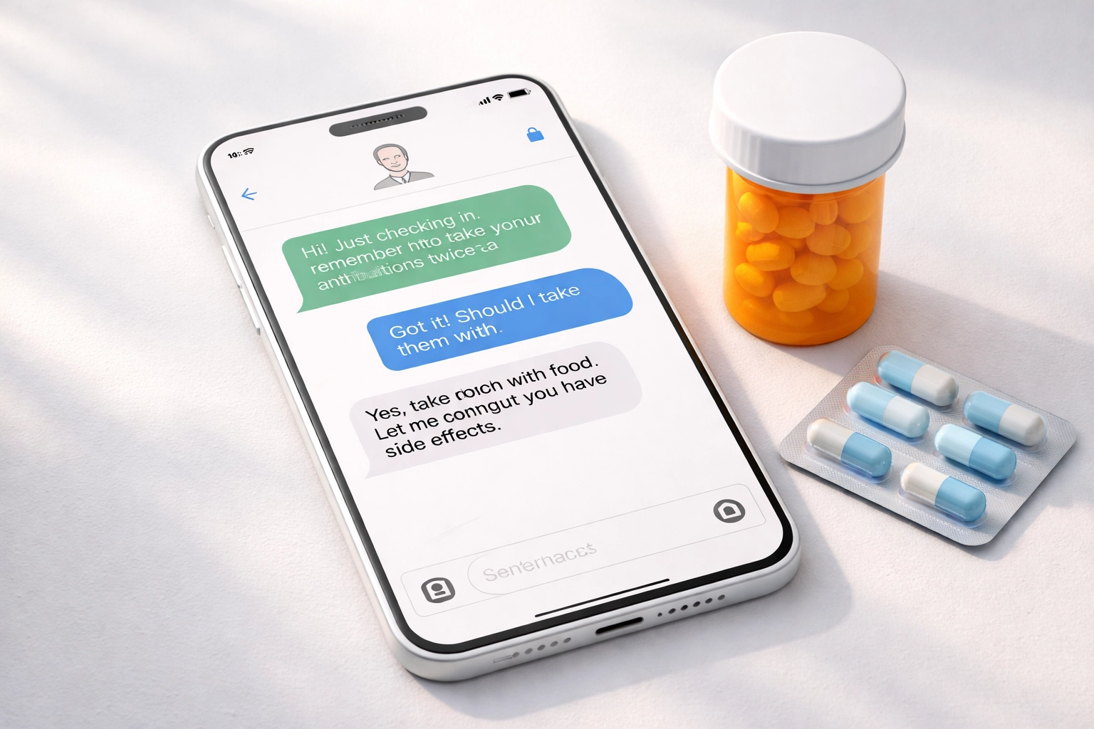 Smartphone showing secure text chat with a doctor for strep throat, with antibiotic pills and prescription bottle nearby
