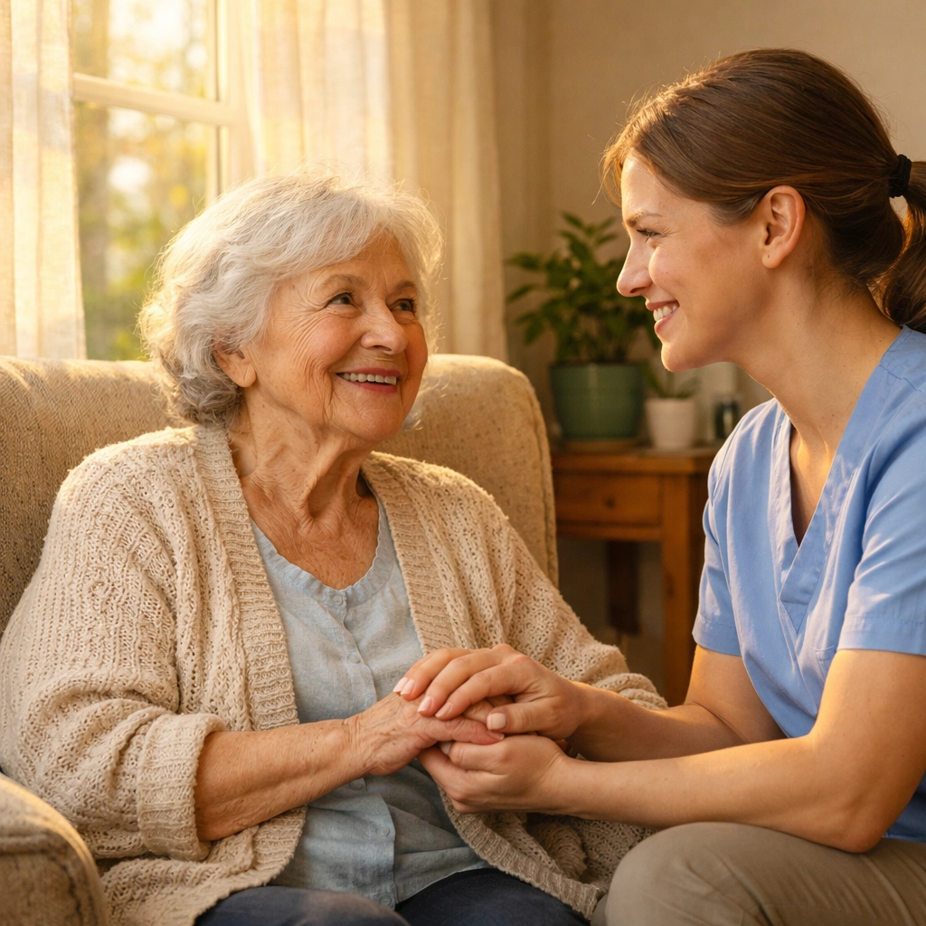 Elderly woman holding hands with private carer in Southampton home