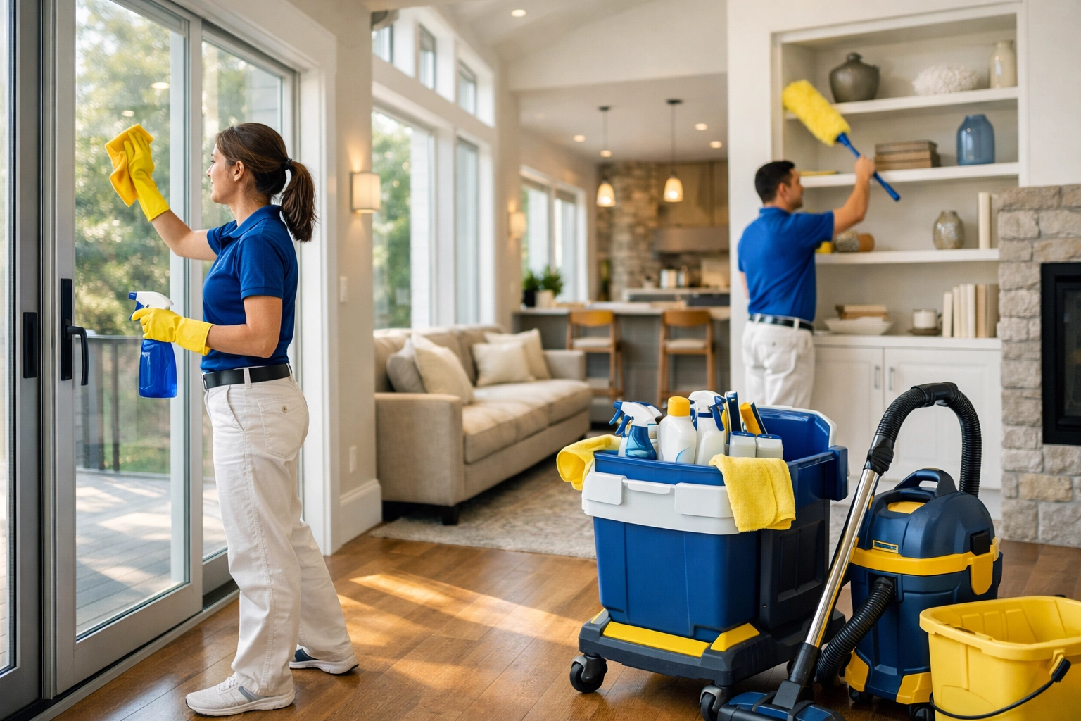 Expert team providing professional post construction cleaning Hudson services in a bright, modern Massachusetts home.