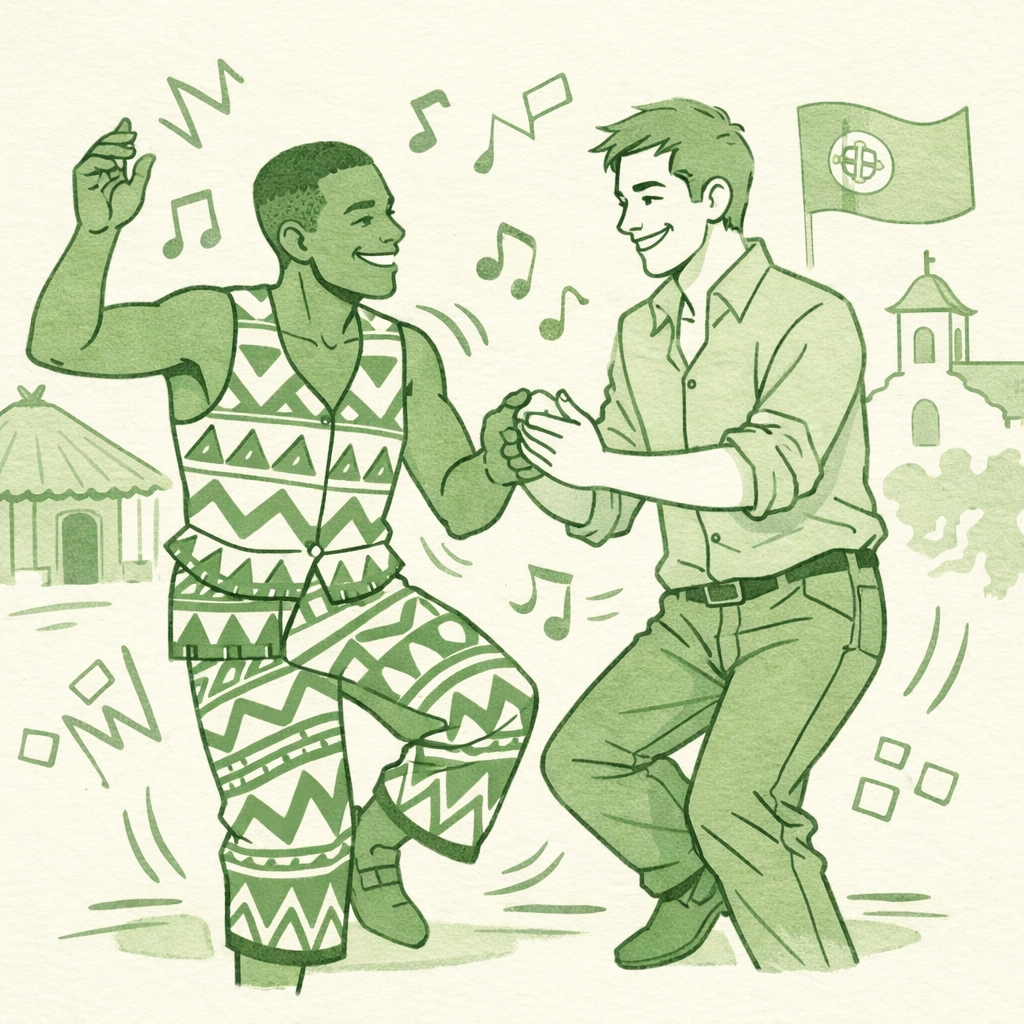 Gay Angolan couple dancing at cultural celebration in Lisbon, blending African and Portuguese traditions