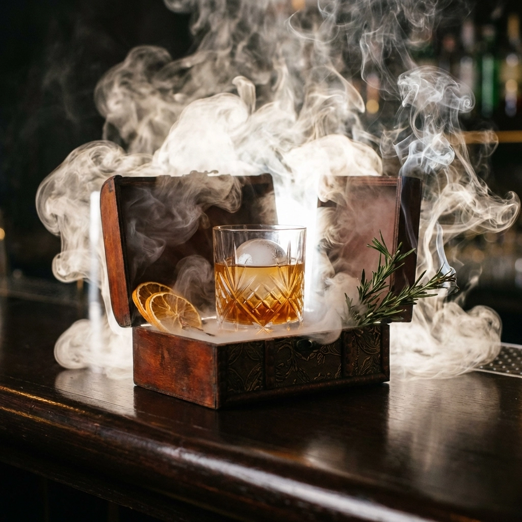 Elaborate craft cocktail with smoking presentation at a restaurant bar, showcasing modern hospitality trends and customer experience.