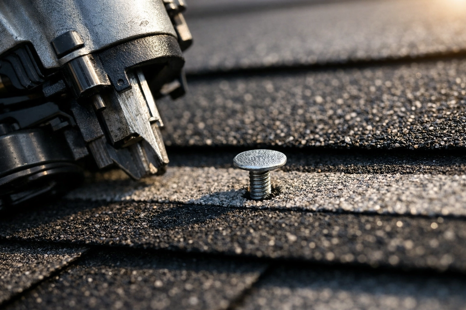 Close-up of precise shingle fastening by a professional roofing contractor for a roof leak repair in Venice FL.