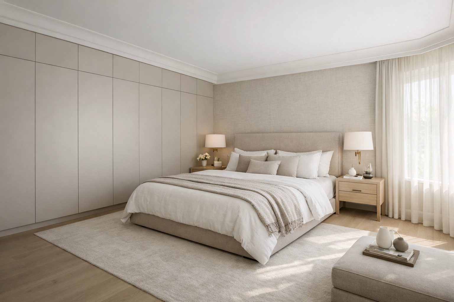 Bespoke master bedroom design in Derby featuring sleek floor-to-ceiling fitted wardrobes.