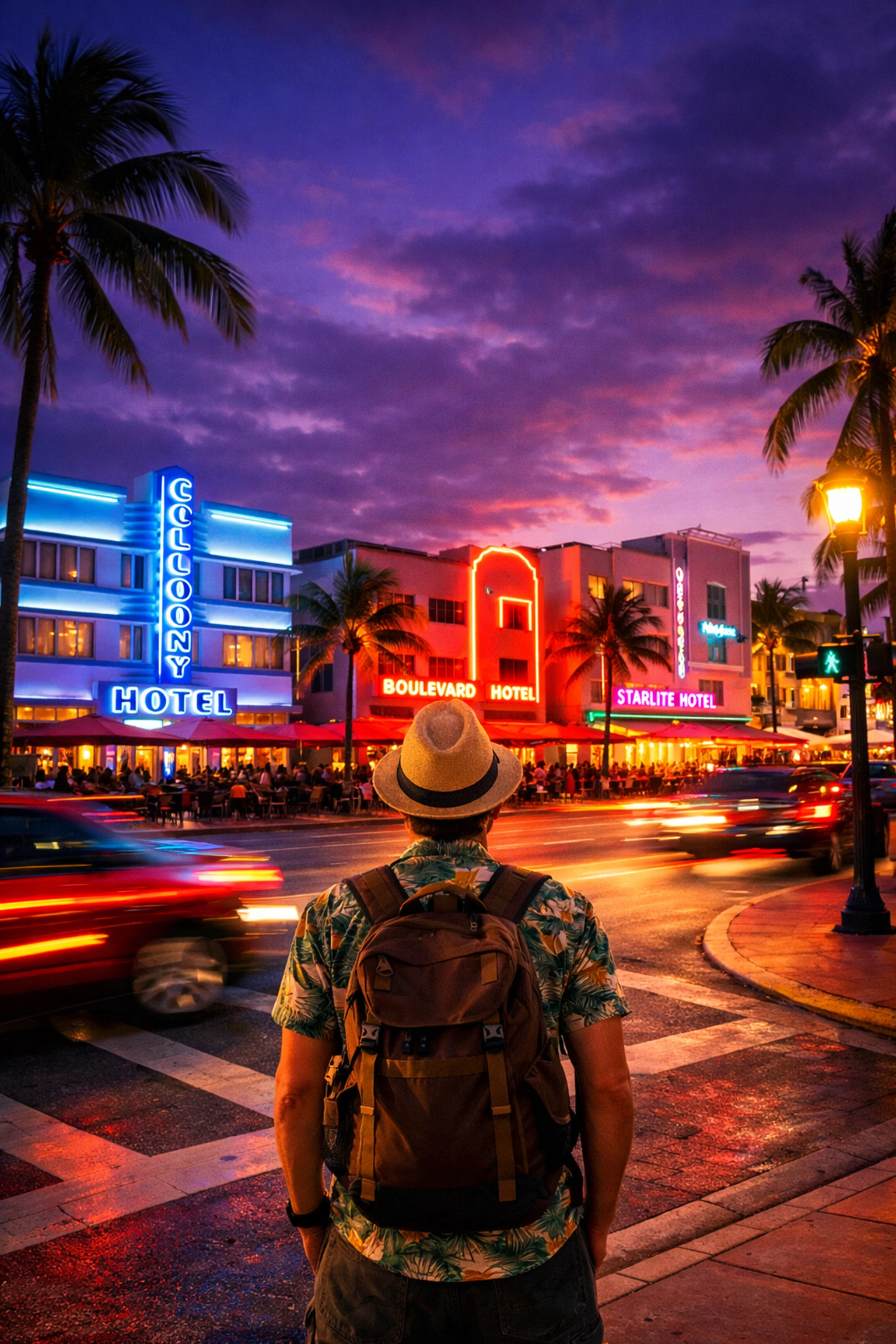 Travel photographer capturing the colorful neon signs of Miami's South Beach at dusk.