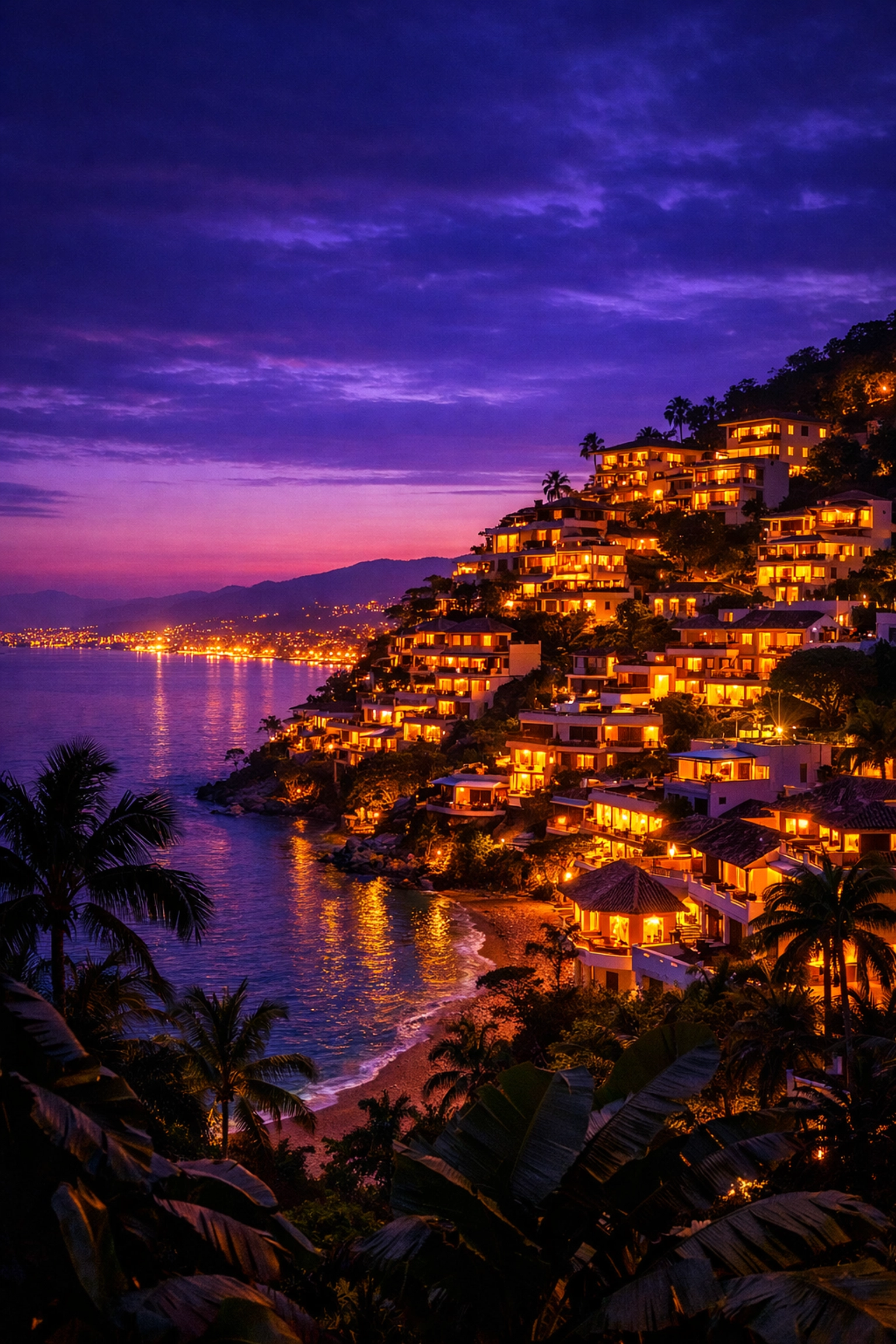 Amapas hillside neighborhood at twilight with illuminated Puerto Vallarta vacation rentals