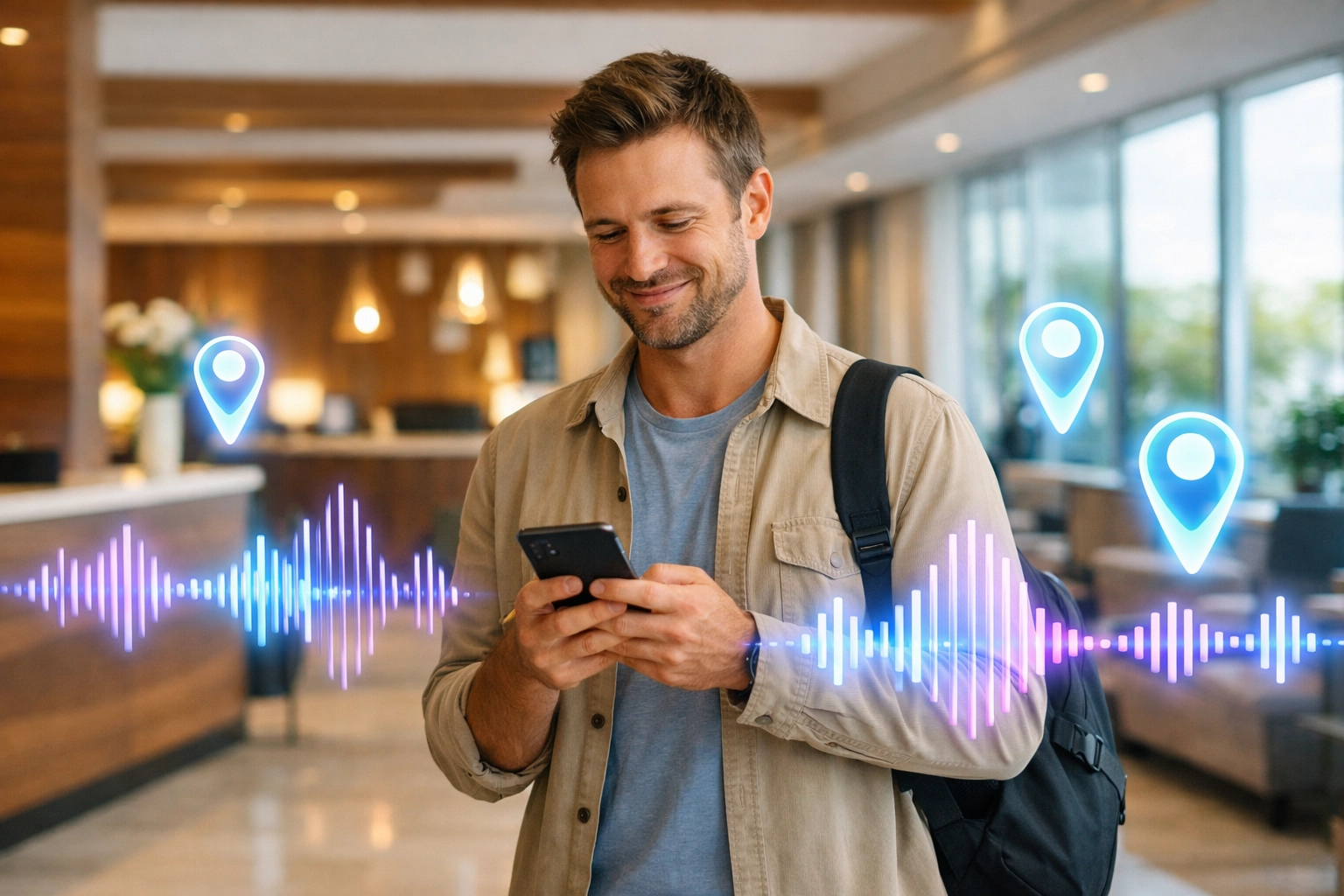 Hotel guest using smartphone with geo-triggered AI audio technology in modern lobby