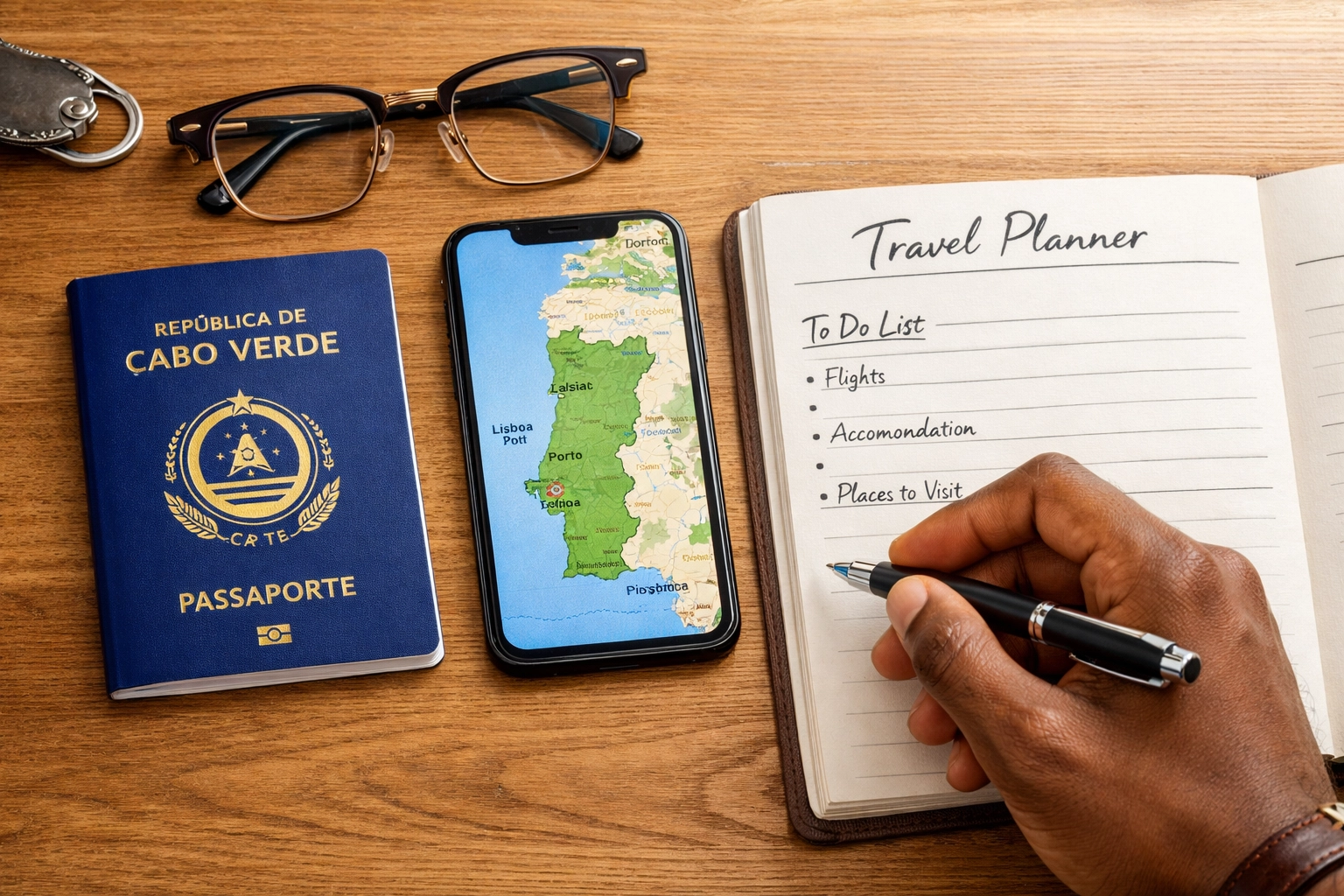 Passaporte cabo-verdiano e mapa de Portugal sobre mesa, representando o planeamento do visto de estudante.