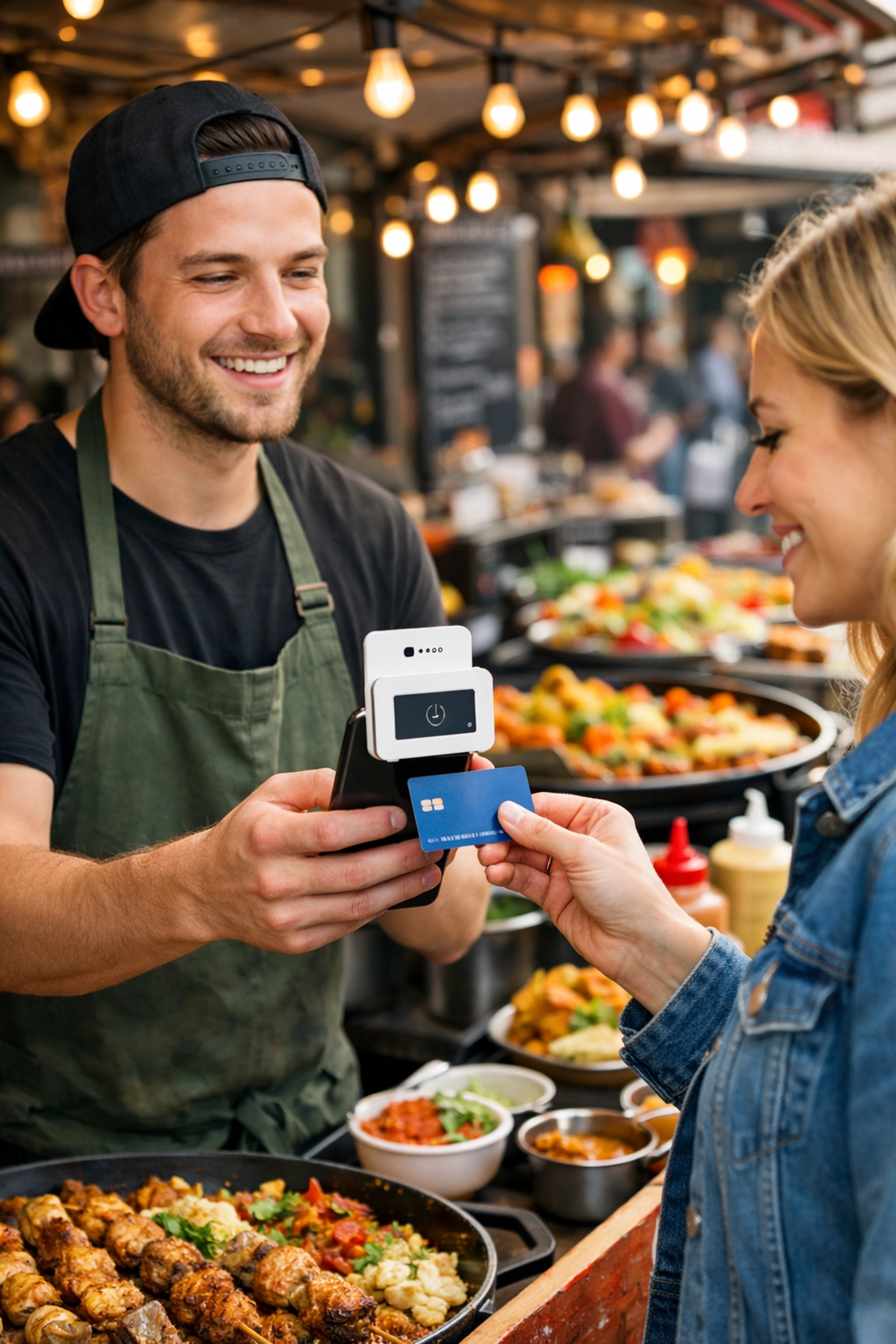 Street food vendor taking payment with a SumUp mobile card reader at a UK market stall