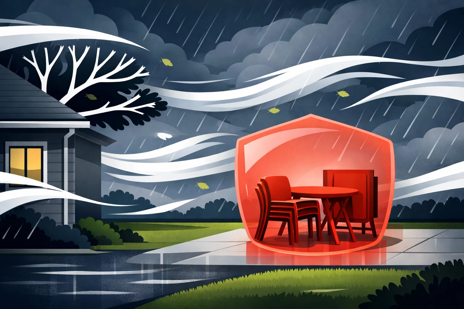 Graphic showing tree trimming and yard preparation to protect home siding from spring storm winds.