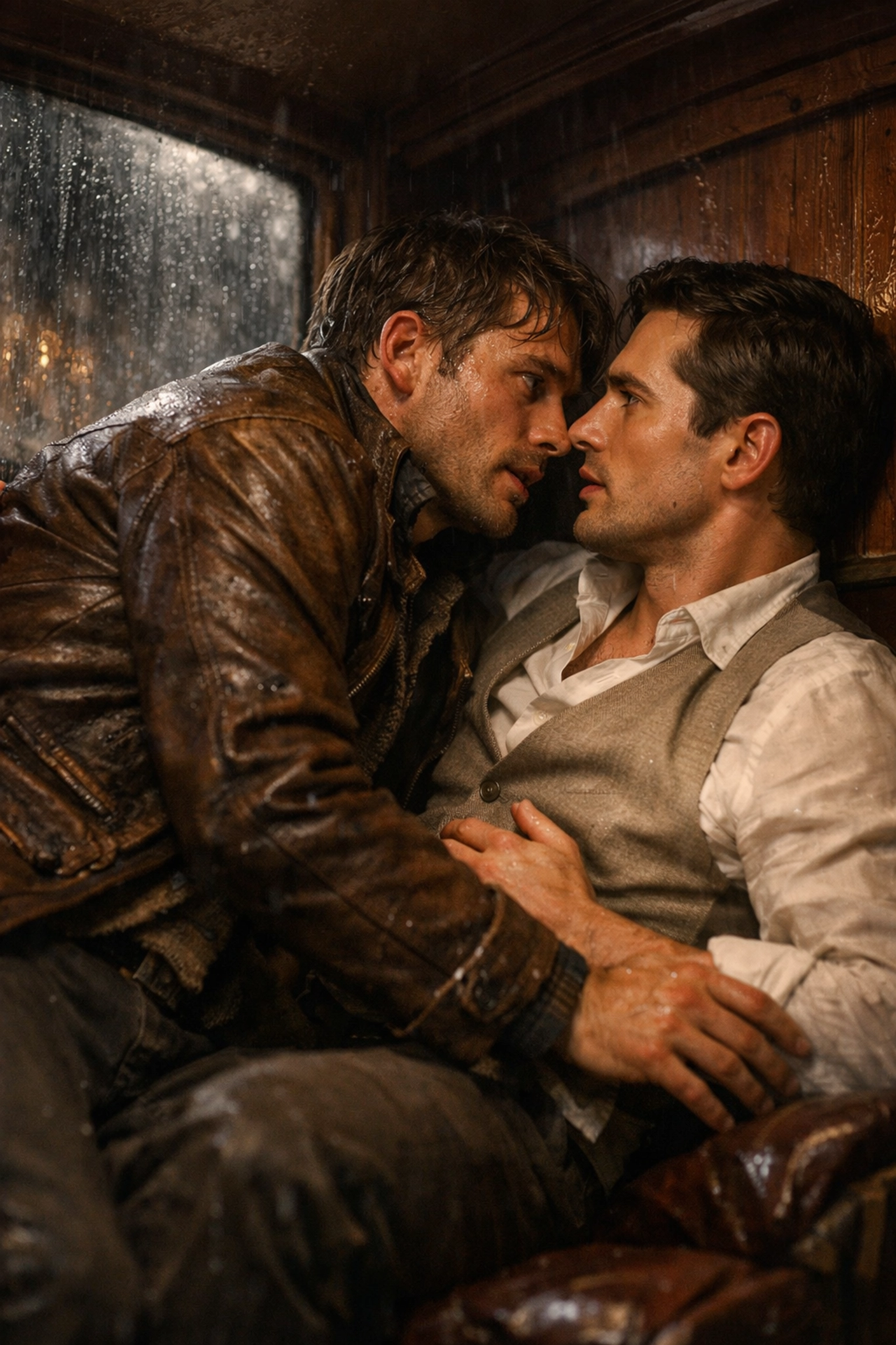 A romantic forced proximity scene with two men in a carriage, capturing a popular MM romance trope.