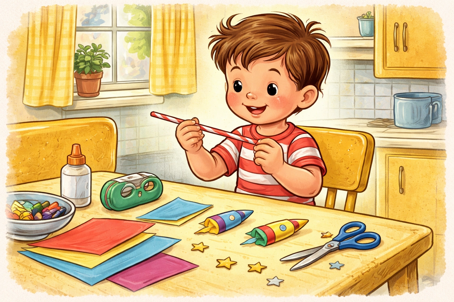 Child at kitchen table preparing materials to make straw rockets craft activity for kids