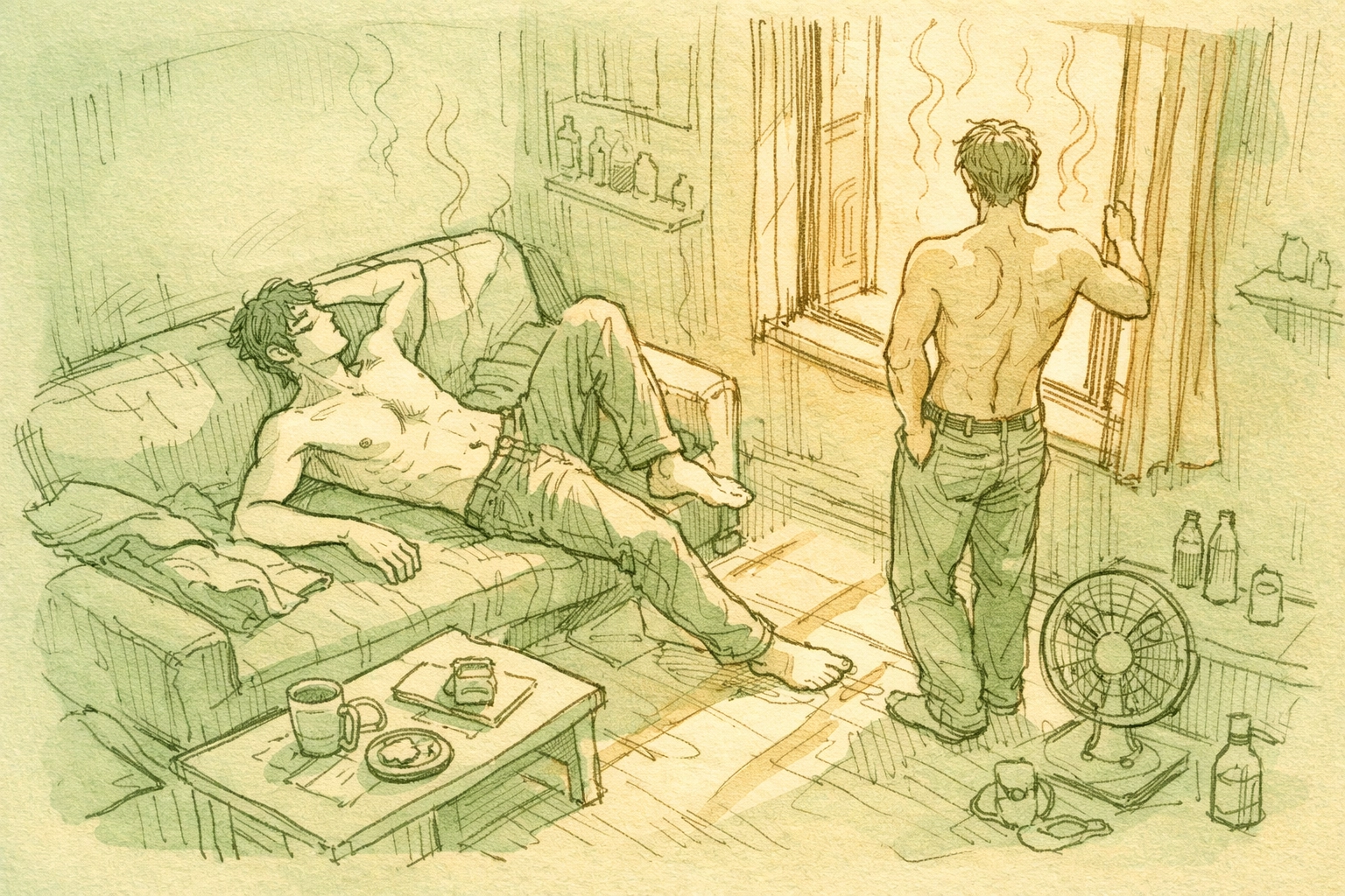 Gay romance vulnerability: two men in hot summer flat experiencing emotional intimacy