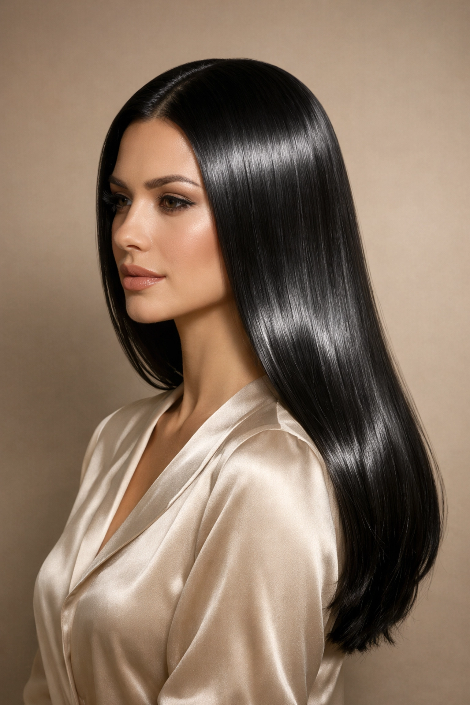 Ultra-shiny glass hair result from a professional hair glossing treatment.