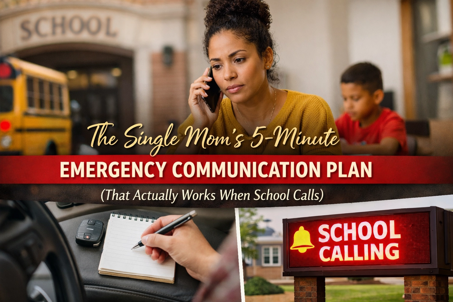 Title Image. three pics with the top showing a young mom on the phone with her child in the background, and the two bottom pics showing a woman's hand jotting down notes on her car dash, and a sign outside of a school that states "School Calling." The Single Mom's 5-Minute Emergency Communication Plan (That Actually Works When School Calls)