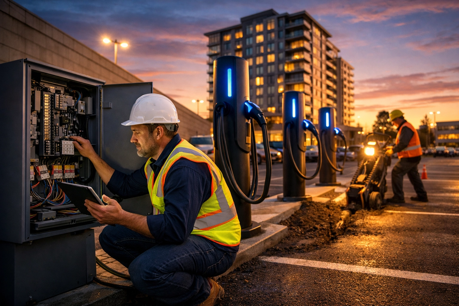 Licensed electrician inspecting EV charging station installation at commercial property