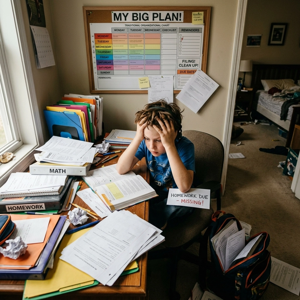 Child with hand in hair looking at open textbook