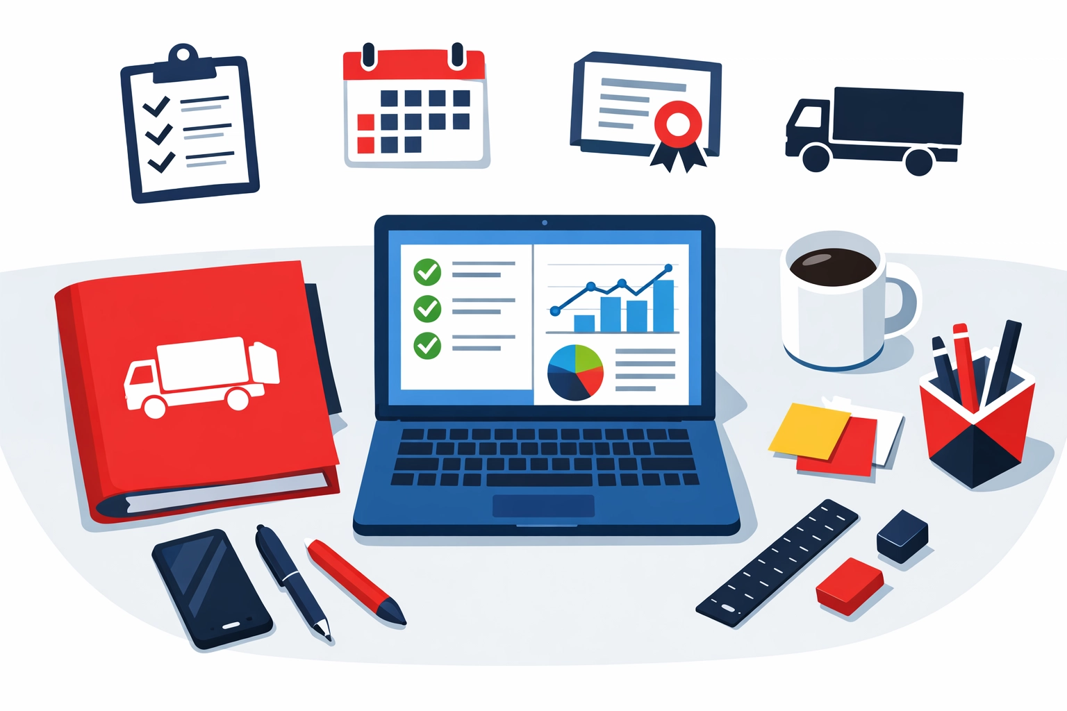 Transport Manager desk with compliance documents and certification materials