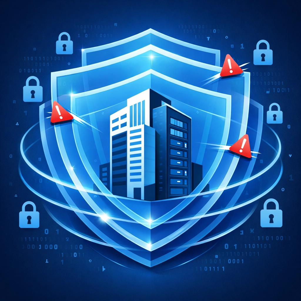 Cybersecurity shields defending business data from threats and attacks