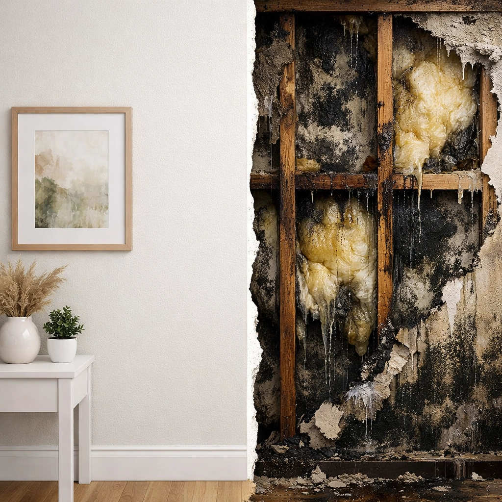 Hidden water damage and mold growth behind interior wall requiring professional inspection