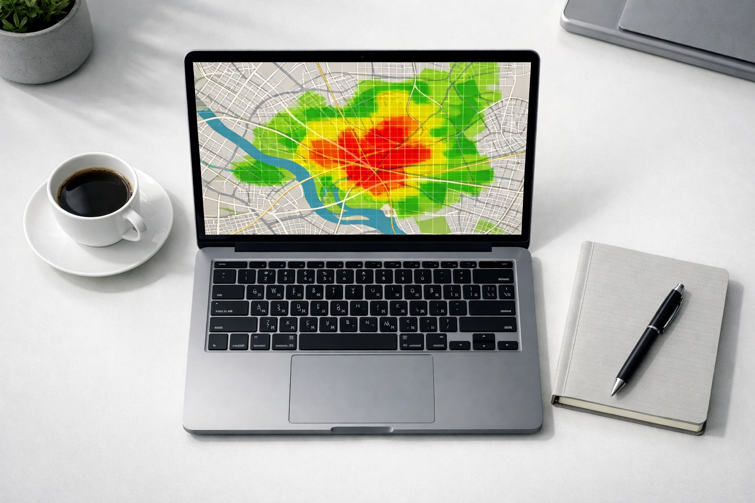 Laptop displaying local search grid report with color-coded heat map showing ranking zones