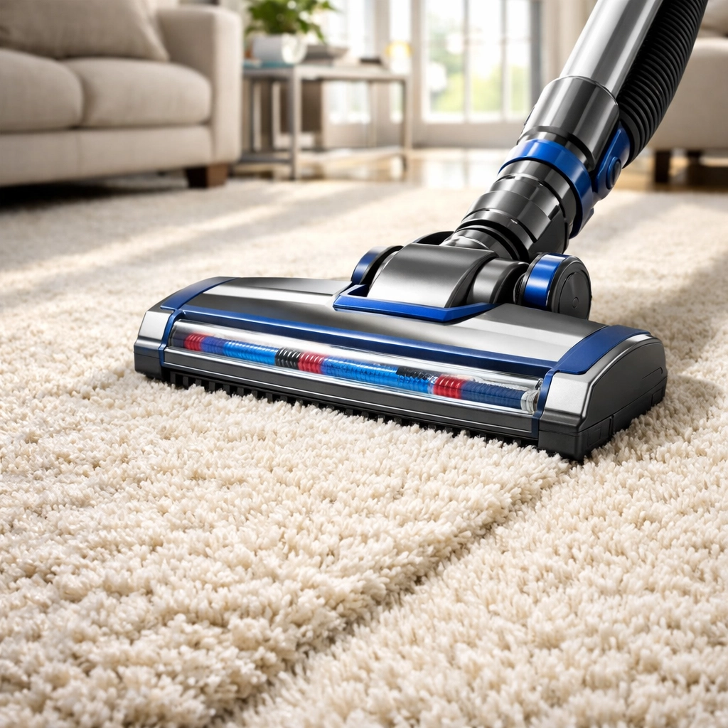Professional vacuum cleaner removing dried construction dust and contractor footprints from a luxury carpet.
