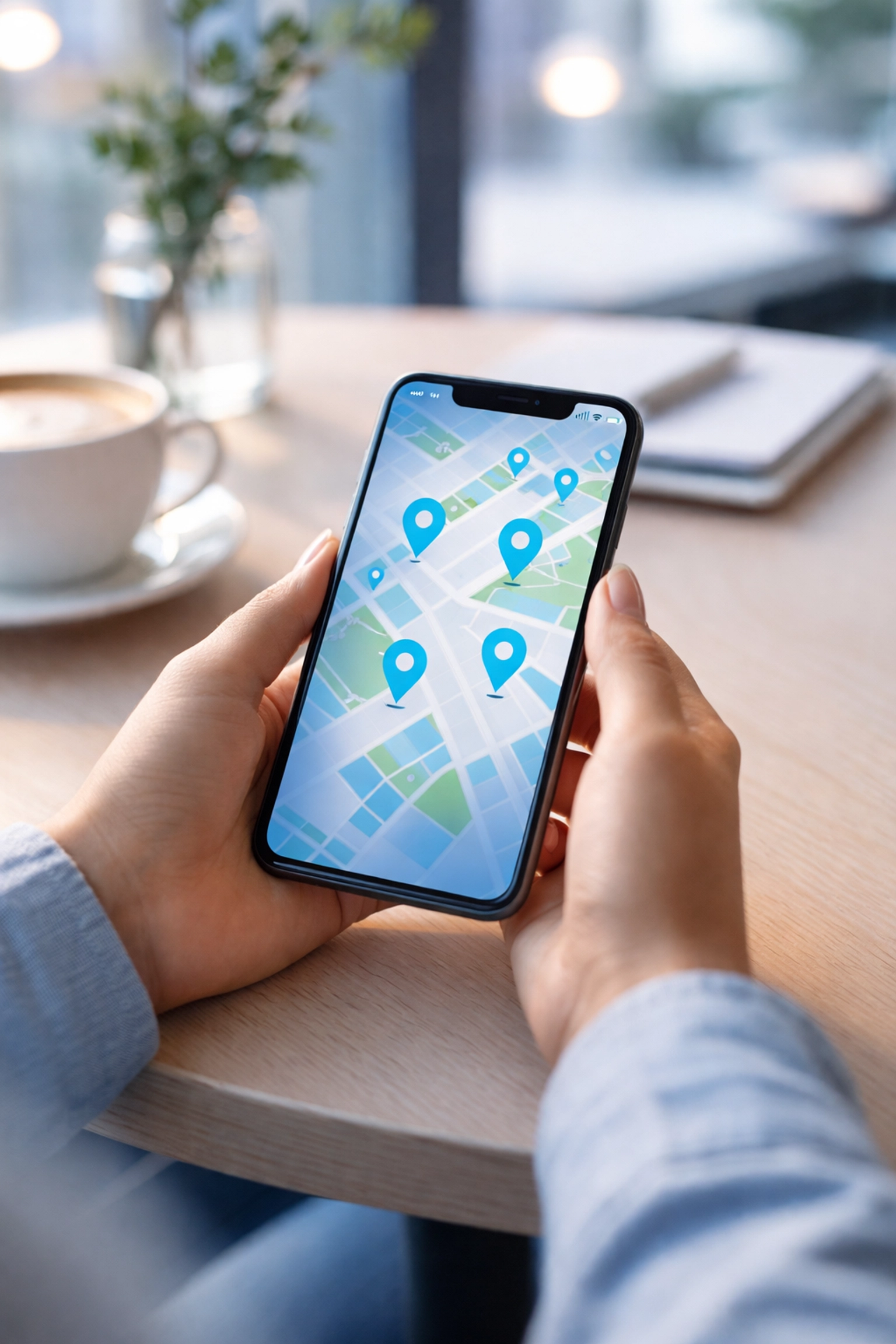 Hands holding a smartphone with location pins on a map, illustrating quick local SEO for 'near me' searches.