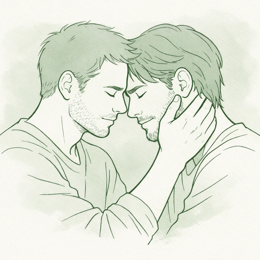 Two men in intimate embrace showing emotional connection in MM romance fiction