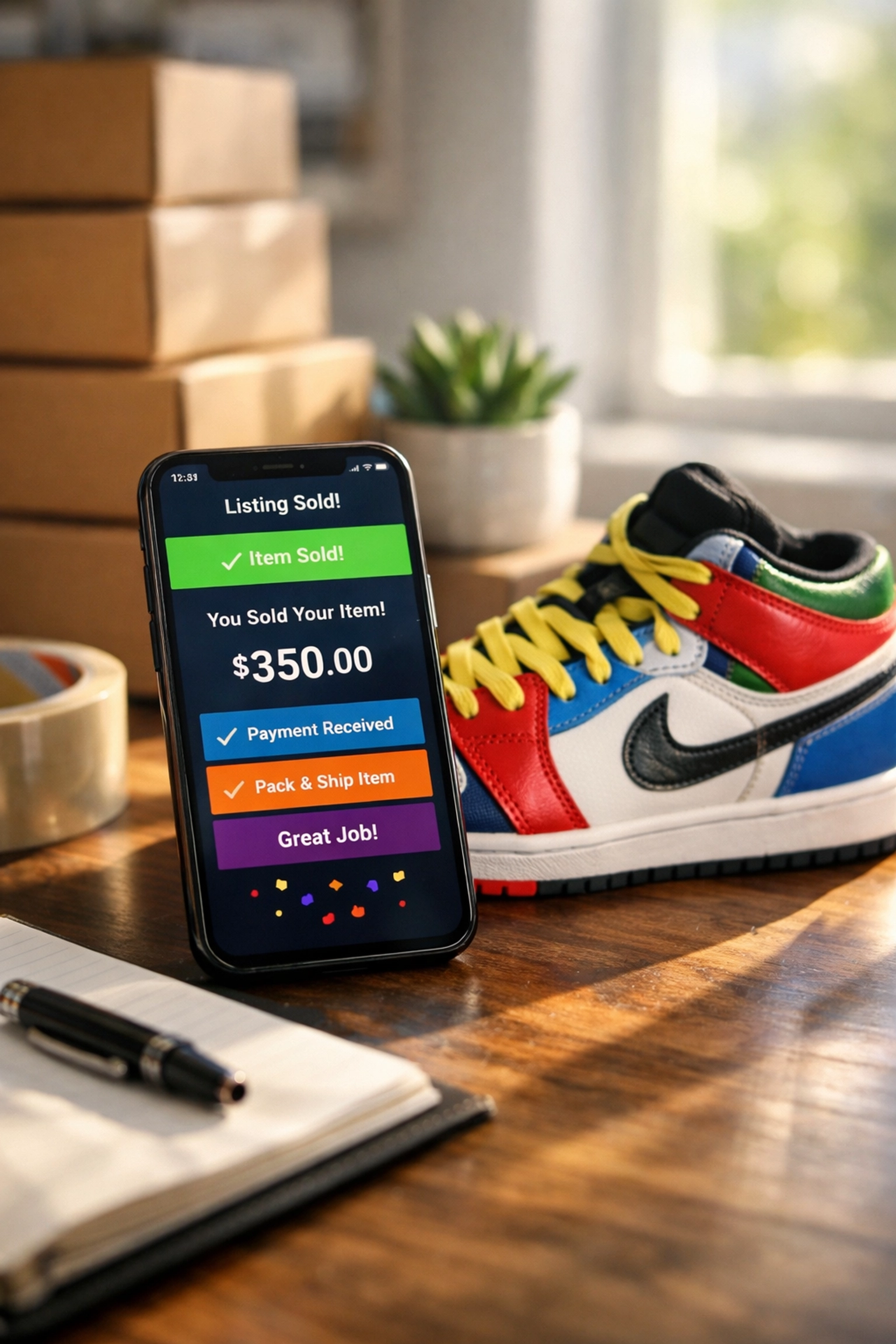 Reselling desk with a smartphone showing a professional Mercari product listing and limited edition sneakers.