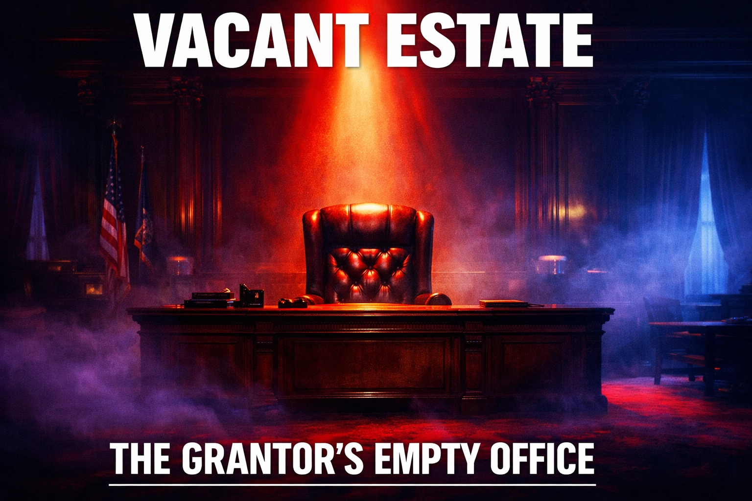 Empty courtroom chair under a spotlight representing the vacant office of the grantor.