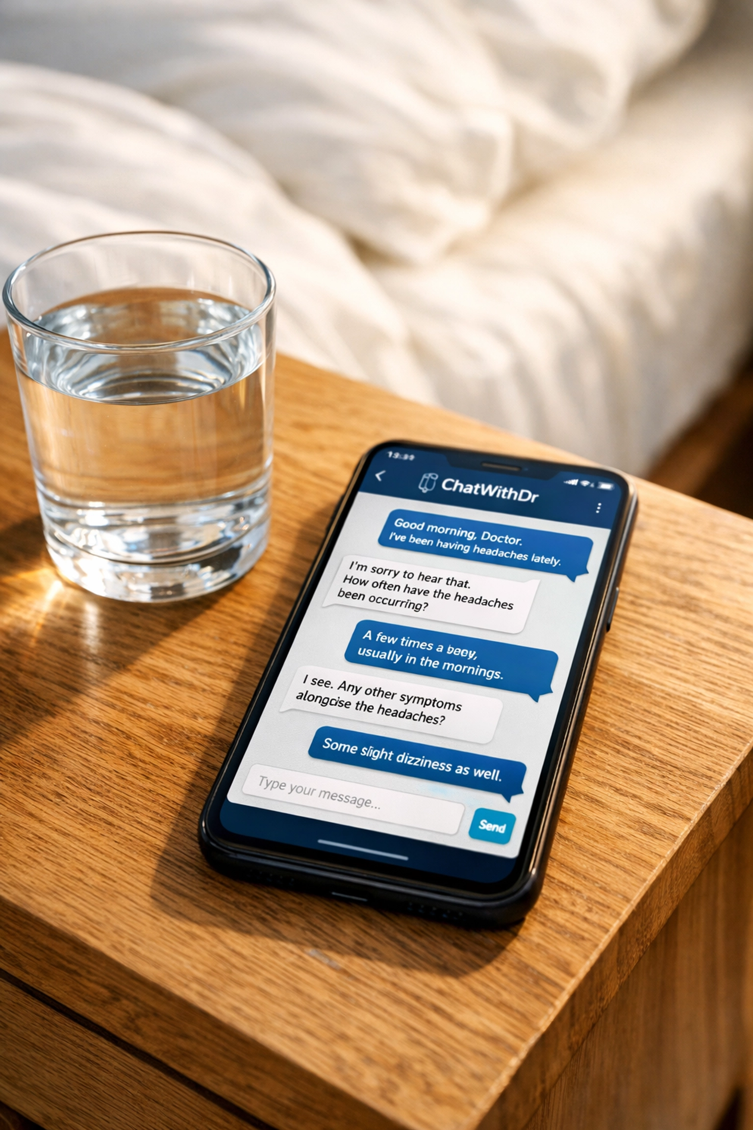 Smartphone displaying a secure text-based medical consultation for emergency contraception at home.