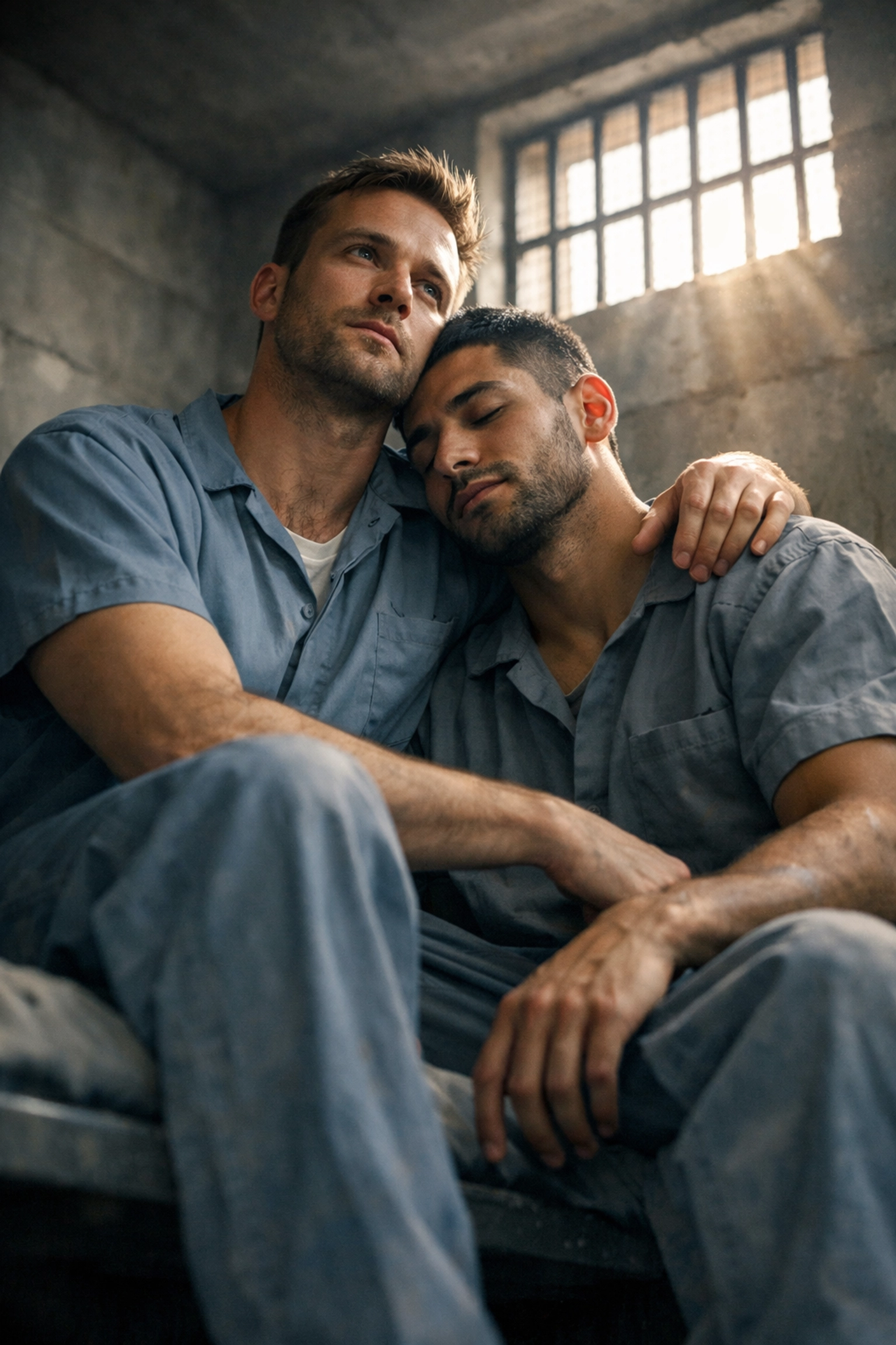 Two gay men sharing an intimate moment on a prison bunk, finding connection in confinement