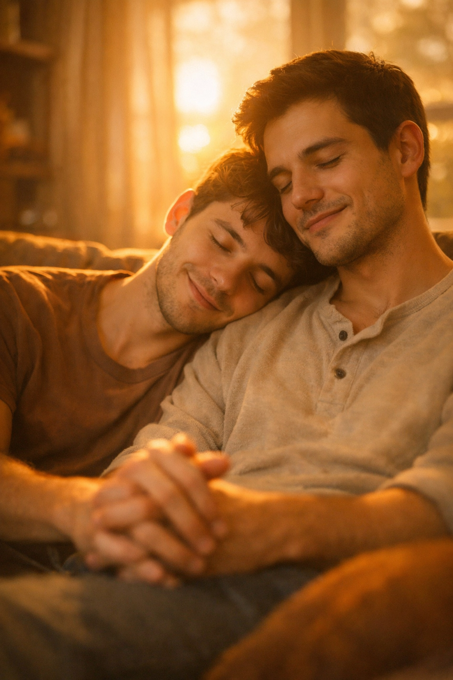 Two young gay men in intimate moment on couch representing first love intensity