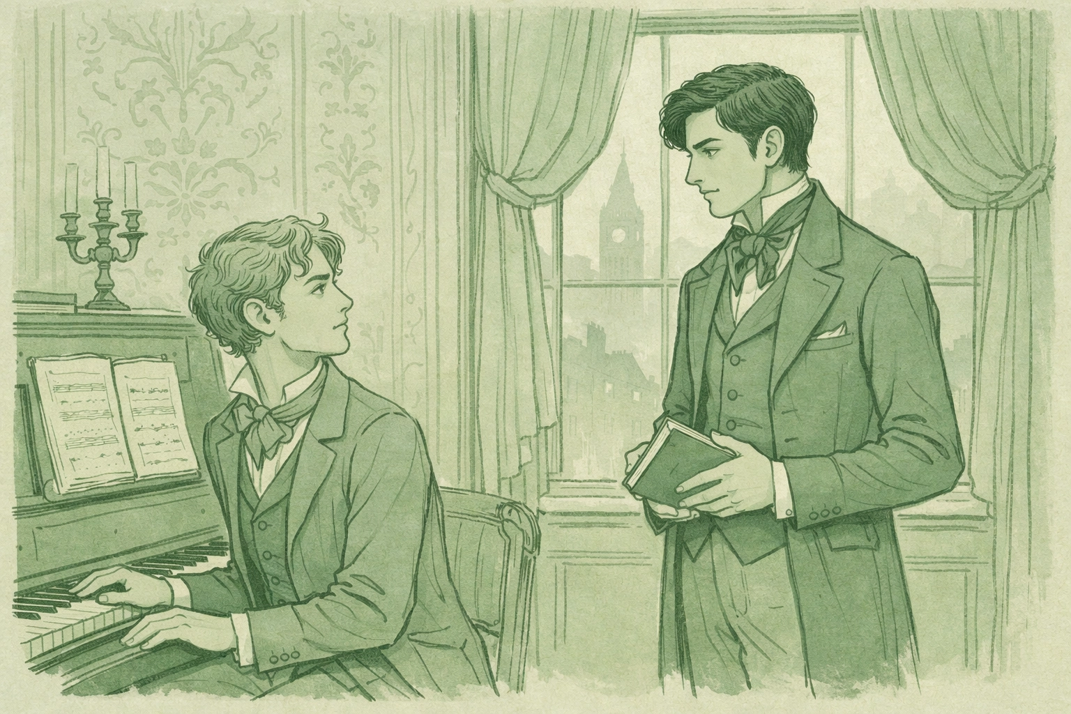Two Victorian step-brothers share intimate moment in drawing room with piano and books