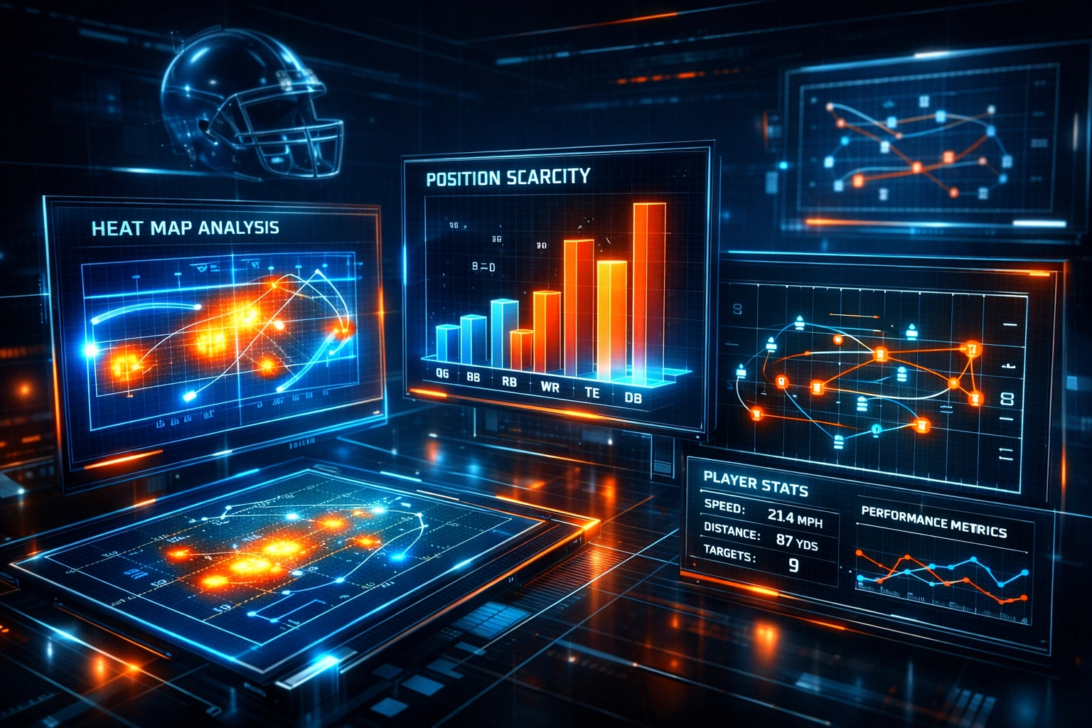 Football analytics dashboard showing transfer portal position scarcity metrics and player movement data