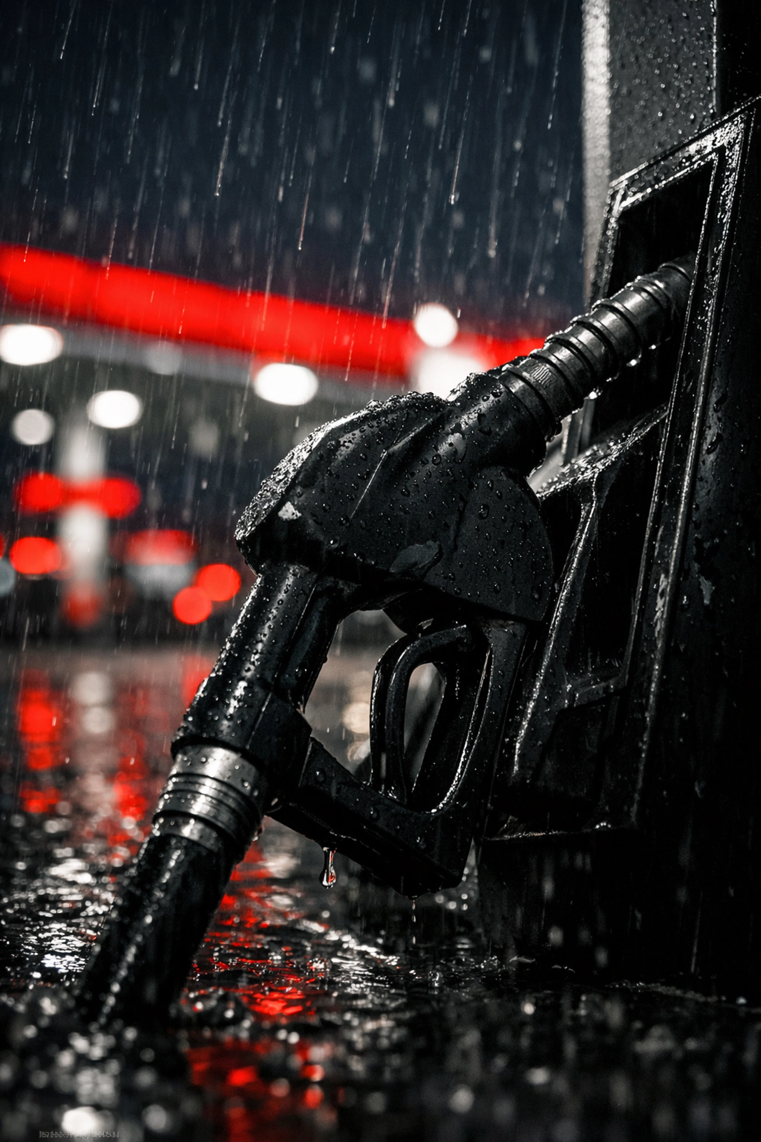 A gas pump nozzle in the rain, symbolizing the impact of global oil prices on Canadian inflation.