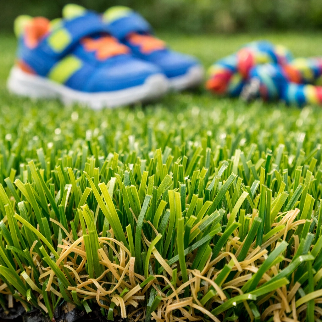 Close-up of realistic, pet-friendly artificial grass showing soft texture and natural green tones.