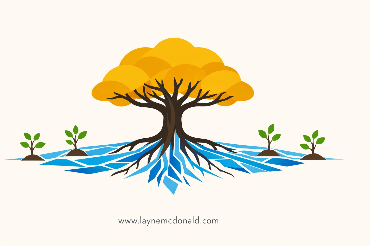 Vector of a large tree nourishing saplings through its roots, showing the ripple effect of leadership, www.laynemcdonald.com.