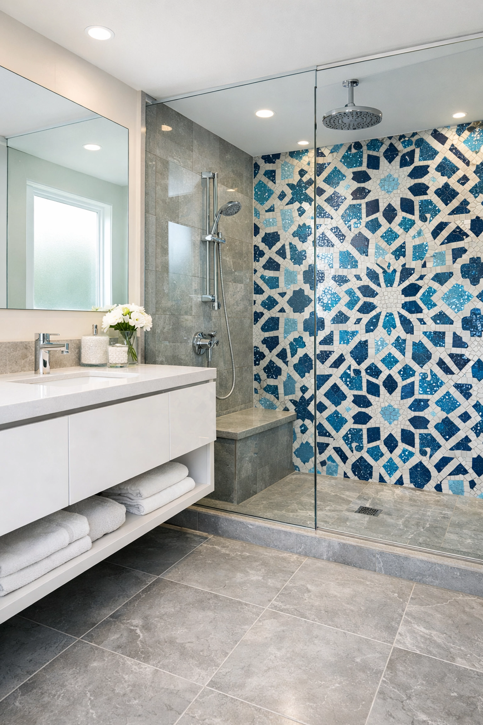 Luxury bathroom remodeling Orlando with porcelain floor tiles and mosaic shower accent wall