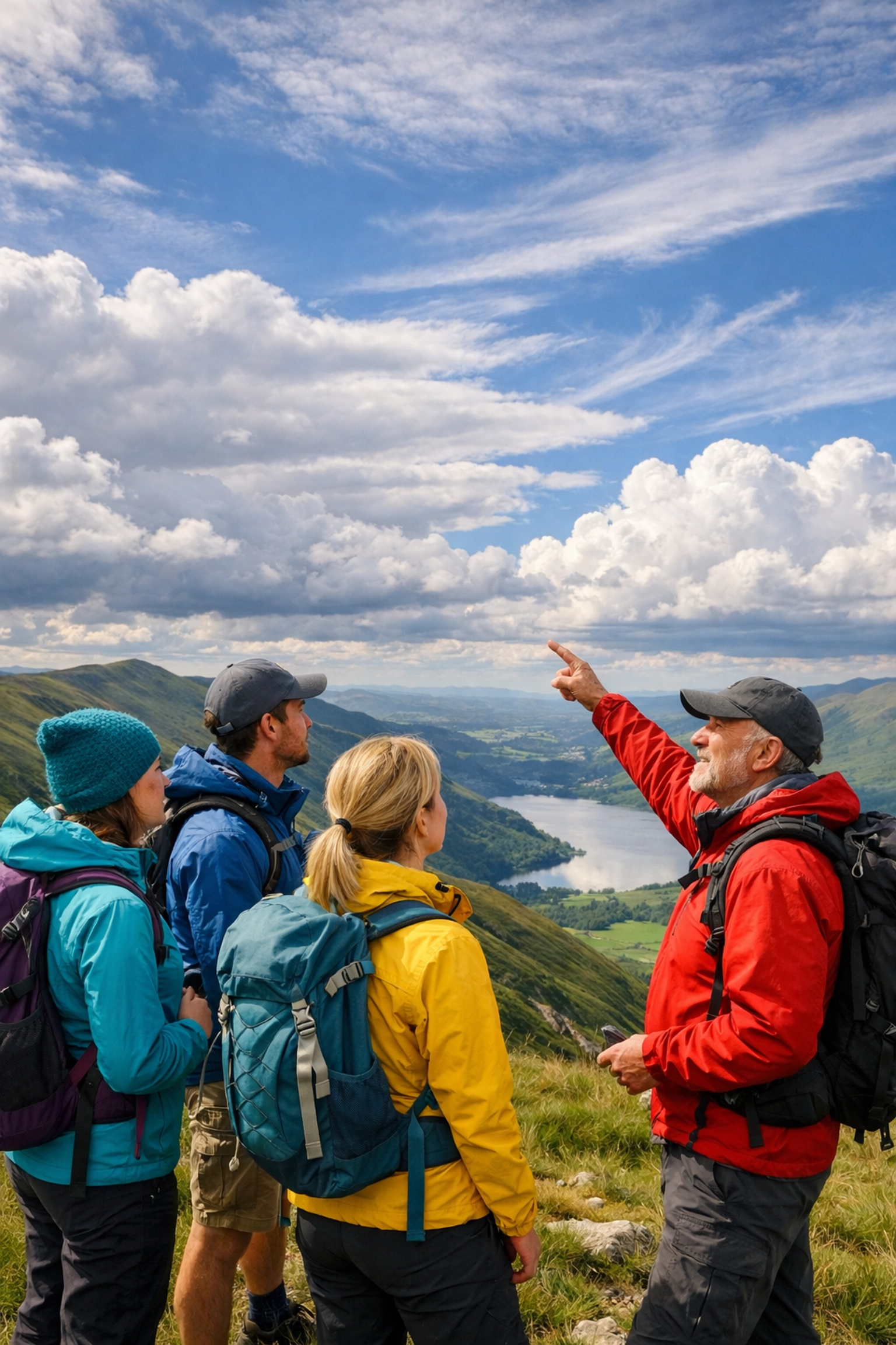 An expert guide teaching cloud reading skills on a guided hiking tour in the Lake District.