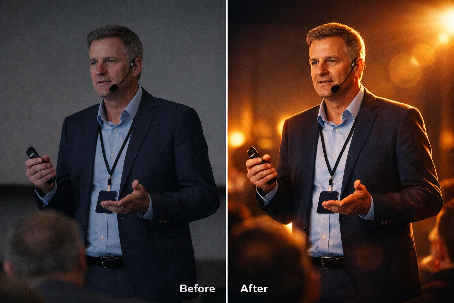 Comparison showing professional conference videography post-production versus raw unedited footage.