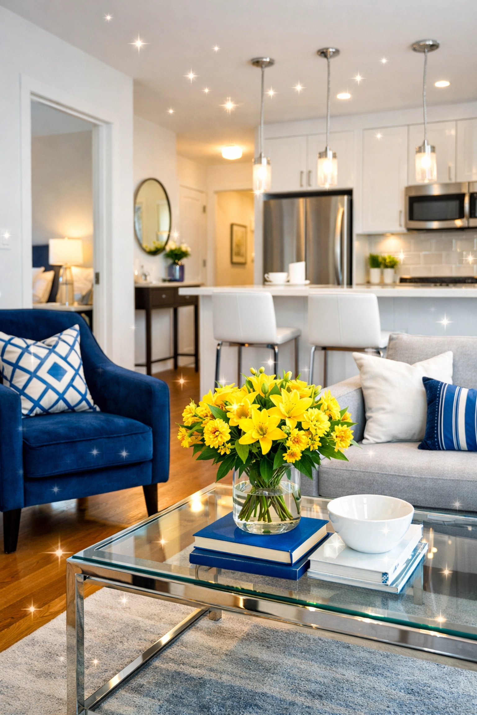 Sparkling clean Lancaster apartment living room prepared for holiday guests and parties.