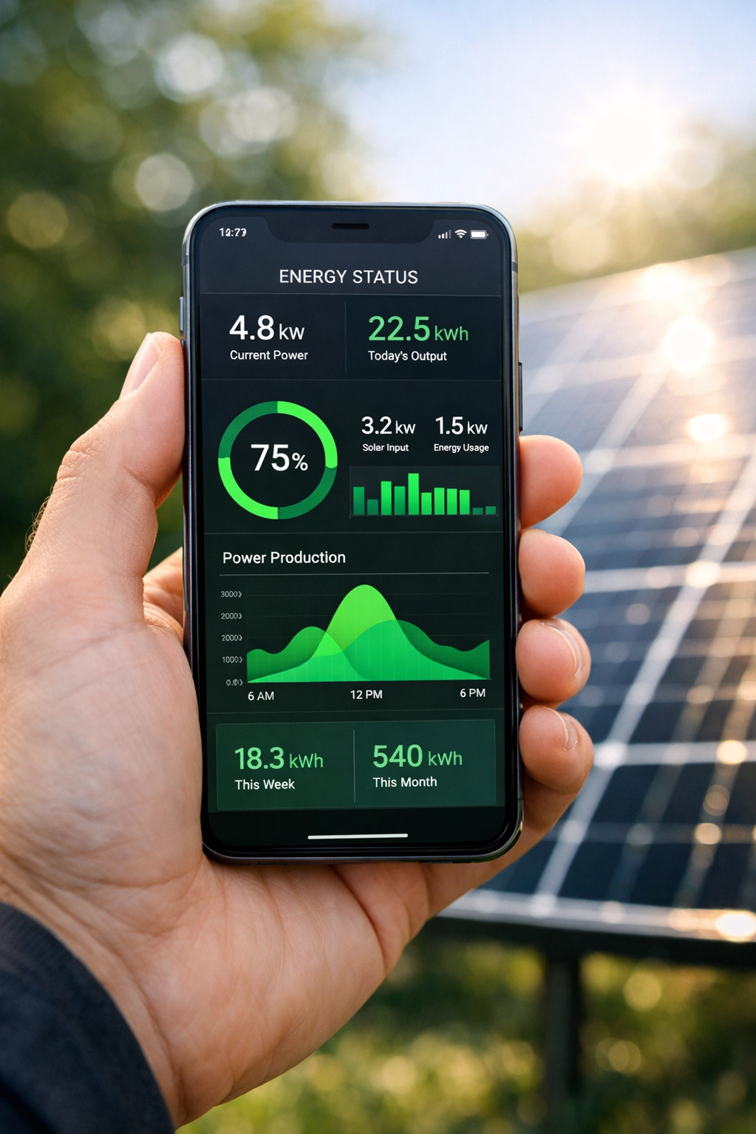 Smartphone app displaying real-time energy data from a commercial solar panel system.