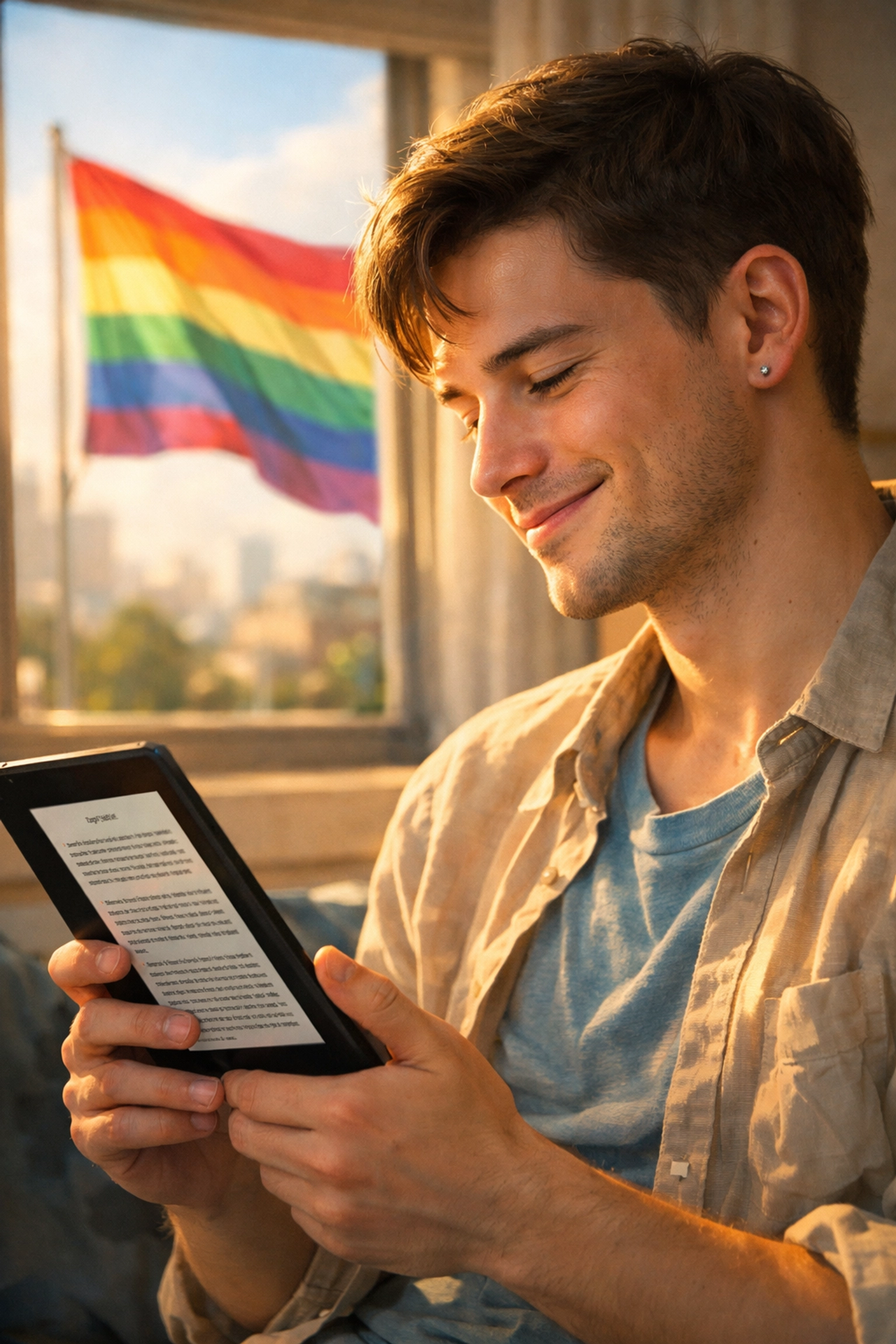 Gay reader enjoying emotional connection with LGBTQ ebook on tablet in sunlit home