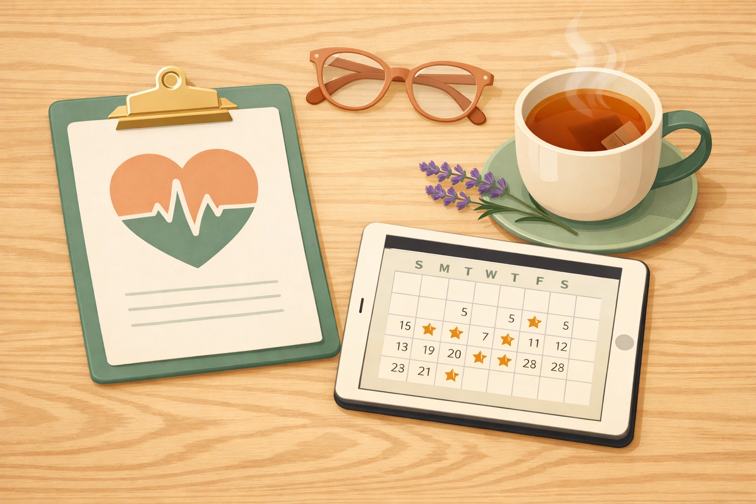 Calendar, medical checklist, and pen representing Step 1 screening in the Maine Surrogacy Timeline.