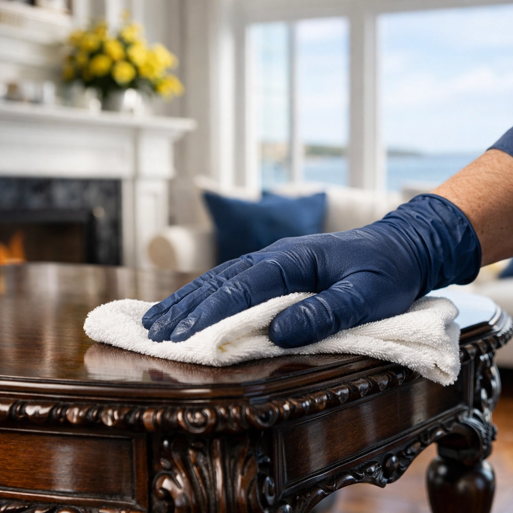 Professional residential cleaning in Duxbury featuring meticulous dusting of high-end antique furniture.
